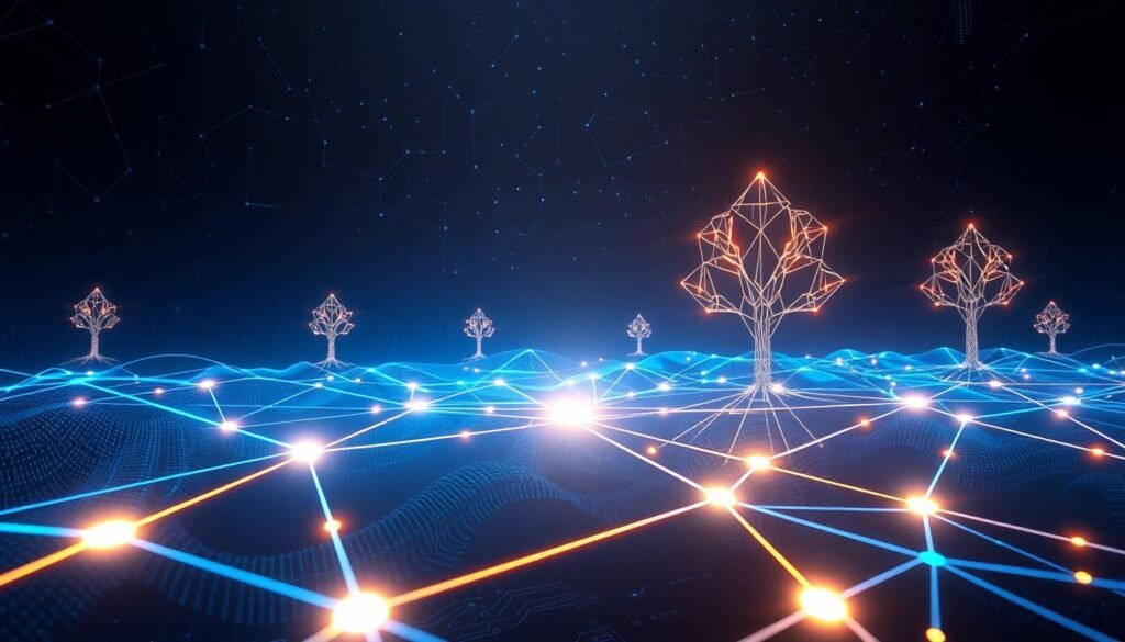 A futuristic digital landscape illustrating the concept of "child chains" within a blockchain framework. In the foreground, visualize interconnected child chains as glowing, vibrant lines of energy branching out from a central parent chain. The middle ground features stylized nodes representing Merkle tree “trees,” with intricate, geometric patterns that highlight their structural complexity. The background should be a deep, gradient blue representing the digital world, embedded with subtle circuit patterns to enhance the technological atmosphere. Soft, ethereal lighting illuminates the child chains and nodes, creating a sense of depth and dynamism. Use a wide-angle perspective to capture the expansive nature of blockchain scalability while maintaining focus on the key architectural features. The overall mood should be innovative, with a sense of movement and connectivity.