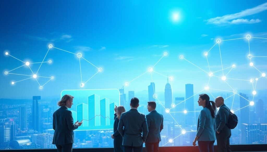 A futuristic digital landscape illustrating the concept of "optimism works" in Ethereum scaling. In the foreground, a group of diverse professionals in business attire collaborate around a holographic interface displaying blocks and charts, symbolizing optimistic rollups. In the middle ground, sleek, glowing lines connect multiple nodes, representing fast transactions and seamless integration. The background features a vibrant city skyline infused with technological elements, under a bright blue sky that conveys a sense of hope and progress. Soft light emanates from the holograms and nodes, casting dynamic shapes and shadows. The mood is inspiring and forward-thinking, showcasing innovation and teamwork in the blockchain space, with a focus on clarity and connection. A futuristic digital landscape illustrating the concept of "optimism works" in Ethereum scaling. In the foreground, a group of diverse professionals in business attire collaborate around a holographic interface displaying blocks and charts, symbolizing optimistic rollups. In the middle ground, sleek, glowing lines connect multiple nodes, representing fast transactions and seamless integration. The background features a vibrant city skyline infused with technological elements, under a bright blue sky that conveys a sense of hope and progress. Soft light emanates from the holograms and nodes, casting dynamic shapes and shadows. The mood is inspiring and forward-thinking, showcasing innovation and teamwork in the blockchain space, with a focus on clarity and connection.