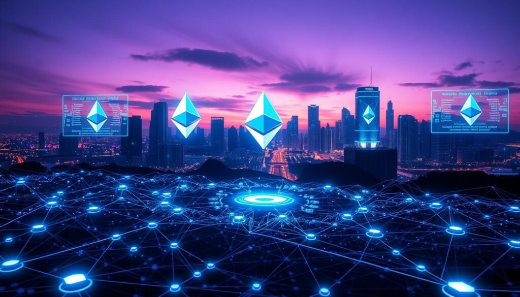 A futuristic digital landscape illustrating the concept of state channels in a crypto environment. In the foreground, complex interconnected blockchain nodes emit a soft blue glow, symbolizing seamless transactions. In the middle ground, stylized Ethereum logos intertwine with vibrant, flowing data streams, representing the Raiden network. The background features a high-tech city skyline with holographic displays showcasing blockchain technology, bathed in a dusk setting with a purple-orange gradient sky. Use dramatic, ambient lighting to highlight the nodes and data streams while maintaining a professional atmosphere. Capture a wide-angle perspective that emphasizes the depth and interconnectivity of the scene, evoking a sense of innovation and efficiency in the world of cryptocurrency.