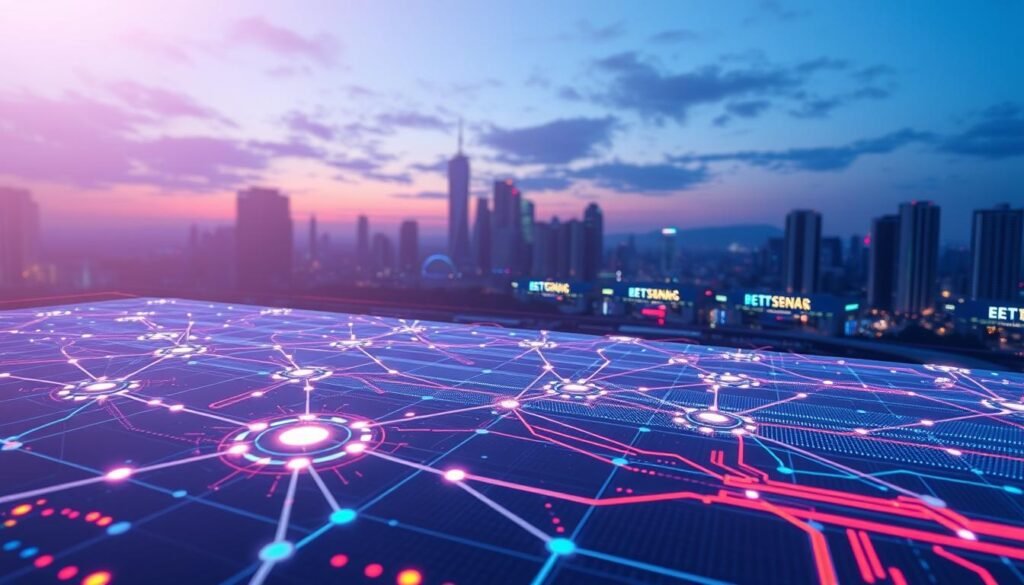 A futuristic digital landscape illustrating the concept of zero-knowledge proofs in a loopring zkrollup context. In the foreground, a high-tech virtual interface displays interconnected nodes symbolizing secure transactions and cryptographic verification. The middle ground features abstract representations of data flowing seamlessly between decentralized exchanges (DEX) and payment systems, with vibrant lines representing speed and efficiency. In the background, a serene urban skyline under a twilight sky evokes a sense of innovation, with soft blue and purple lighting illuminating the scene. The atmosphere is one of advanced technology and security, capturing the essence of fast, low-cost financial transactions powered by zero-knowledge proofs, framed through a slightly angled perspective to enhance depth. No text or people are included in the composition. A futuristic digital landscape illustrating the concept of zero-knowledge proofs in a loopring zkrollup context. In the foreground, a high-tech virtual interface displays interconnected nodes symbolizing secure transactions and cryptographic verification. The middle ground features abstract representations of data flowing seamlessly between decentralized exchanges (DEX) and payment systems, with vibrant lines representing speed and efficiency. In the background, a serene urban skyline under a twilight sky evokes a sense of innovation, with soft blue and purple lighting illuminating the scene. The atmosphere is one of advanced technology and security, capturing the essence of fast, low-cost financial transactions powered by zero-knowledge proofs, framed through a slightly angled perspective to enhance depth. No text or people are included in the composition.
