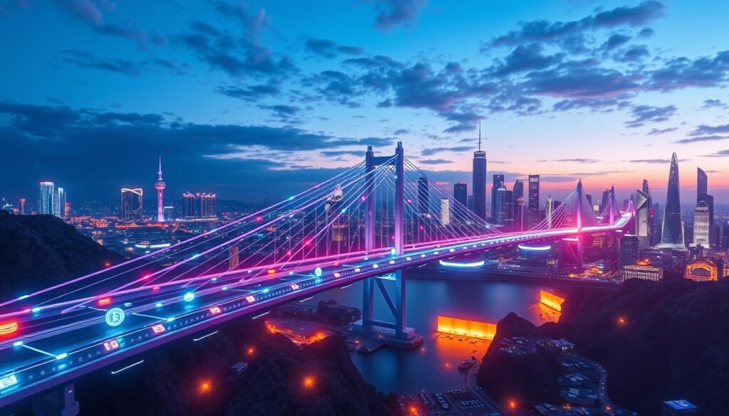 A futuristic digital landscape portraying a vibrant, bustling bridge symbolizing asset transactions across different blockchain networks. In the foreground, sleek digital representations of various cryptocurrencies gently flow towards the bridge from diverse directions, glowing softly in contrasting colors. The middle ground showcases the bridge itself—an elegant, high-tech structure made of luminous data streams and interconnected nodes, depicting the concept of interoperability. In the background, a panoramic view of virtual cityscapes with skyscrapers representing different blockchain ecosystems under a twilight sky, bathed in a blend of cool blues and warm purples. The atmosphere is energetic and innovative, with bright neon lights illuminating the scene, creating a sense of connection and movement, captured with a wide-angle lens to enhance depth.