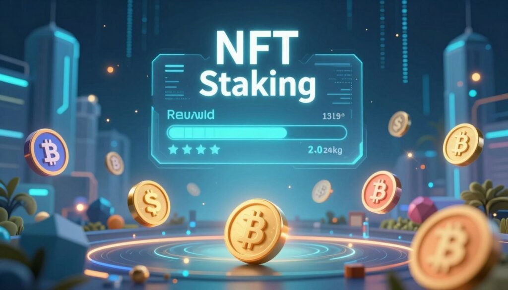 A futuristic digital landscape representing NFT staking, with vibrant, glowing tokens floating in the foreground, symbolizing various types of NFTs. In the middle ground, a serene virtual interface displays a progress bar and reward metrics, demonstrating the concept of staking rewards. The background features abstract blockchain structures and data streams pulsating with light, creating a sense of depth and innovation. Soft, ambient lighting casts a high-tech glow over the scene, enhancing the mood of excitement and opportunity. A subtle lens flare effect adds a dynamic quality, suggesting the potential for growth and rewards. The overall atmosphere is inspiring and optimistic, appealing to NFT holders eager to learn about maximizing their investments.