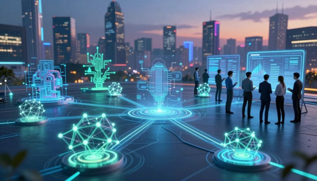 A futuristic digital landscape representing the Bittensor decentralized models network. In the foreground, intricate neural network nodes glowing with blue and green light, interconnected by luminous pathways, symbolize data flow and collaboration. The middle ground showcases abstract representations of model architectures, resembling intricate circuits and algorithms, with a diverse group of professionals in business attire gathered, analyzing data on holographic displays. The background features a virtual city skyline at dusk, illuminated by vibrant neon colors, casting a modern, tech-savvy atmosphere. Soft beams of light highlight the interactions among individuals while maintaining a sense of innovation and progress. Emphasize a clean, polished look with dynamic angles to evoke excitement about the rise of decentralized networks.