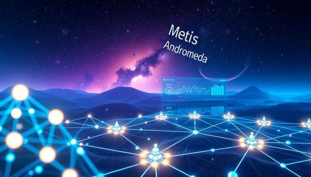 A futuristic digital landscape representing the Metis Andromeda network, featuring a decentralized blockchain architecture in the foreground with glowing nodes connected by luminous lines. In the middle ground, visualize a sleek, advanced user interface displaying analytics and metrics around decentralized solutions. The background showcases a vibrant cosmic scene filled with stars and nebulae, symbolizing innovation and limitless possibilities. Utilize a cool color palette of blues and purples to enhance the high-tech atmosphere, with soft ambient lighting highlighting the network components. The scene captures a sense of collaborative energy and forward-thinking, inviting viewers to explore the potential of decentralized technology. Use a wide-angle lens to create an immersive perspective. A futuristic digital landscape representing the Metis Andromeda network, featuring a decentralized blockchain architecture in the foreground with glowing nodes connected by luminous lines. In the middle ground, visualize a sleek, advanced user interface displaying analytics and metrics around decentralized solutions. The background showcases a vibrant cosmic scene filled with stars and nebulae, symbolizing innovation and limitless possibilities. Utilize a cool color palette of blues and purples to enhance the high-tech atmosphere, with soft ambient lighting highlighting the network components. The scene captures a sense of collaborative energy and forward-thinking, inviting viewers to explore the potential of decentralized technology. Use a wide-angle lens to create an immersive perspective.