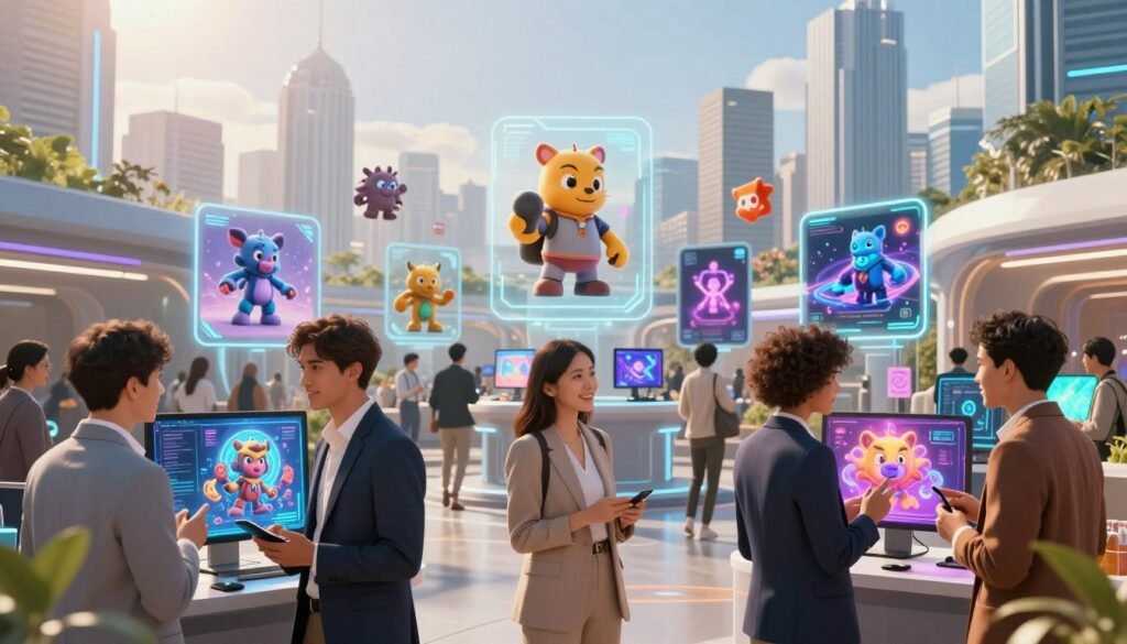 A futuristic digital landscape showcasing a vibrant marketplace for NFTs and Web3 collectibles. In the foreground, a diverse group of individuals dressed in professional business attire, engaged in animated discussions while examining digital screens displaying colorful, intricate NFT artworks. The middle ground features floating holographic displays of various digital collectibles, including animated characters, virtual art pieces, and gaming assets. The background displays a sleek, modern city skyline bathed in soft, natural light, highlighting a blend of technology and creativity. The overall atmosphere is dynamic and inviting, capturing the excitement of digital ownership and the evolution of collectibles in the Web3 space. The lighting is bright with a warm glow, enhancing the futuristic yet approachable feel of the scene.