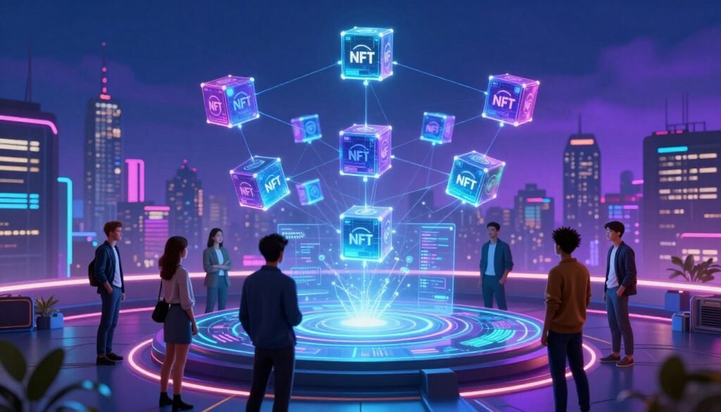 A futuristic digital landscape showcasing blockchain technology in action, with a vibrant cityscape in the background illuminated by neon lights. In the foreground, intricate, floating 3D cubes representing NFTs spin and connect through glowing lines symbolizing blockchain networks. A diverse group of professional individuals in smart casual attire stands around a central holographic interface displaying game mechanics and transactions. The sky is a deep blue with hints of purple, suggesting a high-tech atmosphere. The scene is well-lit with dramatic contrasts, highlighting the holographic elements. Capture the essence of innovation and collaboration within the gaming and blockchain realms, evoking a sense of excitement and potential in this evolving space. A futuristic digital landscape showcasing blockchain technology in action, with a vibrant cityscape in the background illuminated by neon lights. In the foreground, intricate, floating 3D cubes representing NFTs spin and connect through glowing lines symbolizing blockchain networks. A diverse group of professional individuals in smart casual attire stands around a central holographic interface displaying game mechanics and transactions. The sky is a deep blue with hints of purple, suggesting a high-tech atmosphere. The scene is well-lit with dramatic contrasts, highlighting the holographic elements. Capture the essence of innovation and collaboration within the gaming and blockchain realms, evoking a sense of excitement and potential in this evolving space.