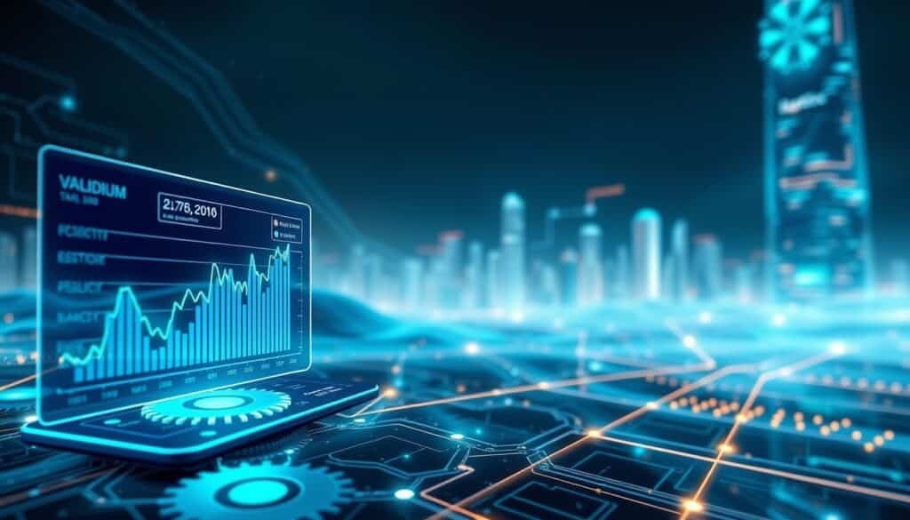 A futuristic digital landscape showcasing "data availability" in the Ethereum ecosystem, featuring layers of interconnected blockchain nodes with shimmering light trails representing data flow. In the foreground, a sleek, transparent interface displays real-time data analytics, illuminated with a blue and green glow. The middle ground consists of stylized gears and circuit patterns, symbolizing the Validium technology's efficiency and scalability. In the background, towering city-like structures of digital information, blurred slightly to create depth, enhance the sense of a thriving blockchain environment. Soft, ambient lighting creates a sense of innovation and trust, while a wide-angle perspective captures the vastness of the digital world, evoking a mood of exploration and advanced technology. A sharp focus on the foreground details contrasts with the ethereal background, highlighting the importance of data availability.
