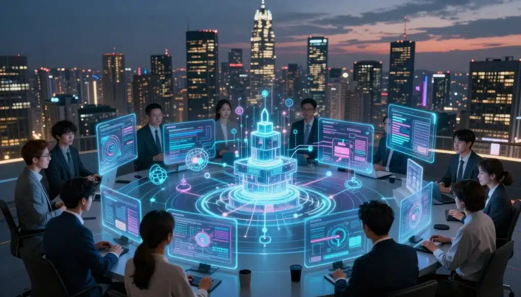 A futuristic digital landscape showcasing diverse blockchain platforms. In the foreground, a group of diverse developers, dressed in professional business attire, collaborate around glowing holographic displays of blockchain nodes and smart contracts. In the middle, detailed illustrations of various blockchain architectures, with interconnected blocks and visualized transaction flows, conveying complex interactions. The background features a city skyline at dusk, with luminous skyscrapers representing innovation and technology. Use dramatic, high-contrast lighting to highlight the holographic elements, creating an inspiring atmosphere. Capture the scene from a slightly elevated angle, offering a dynamic perspective that emphasizes the collaboration and potential of blockchain technology for developers in 2026.
