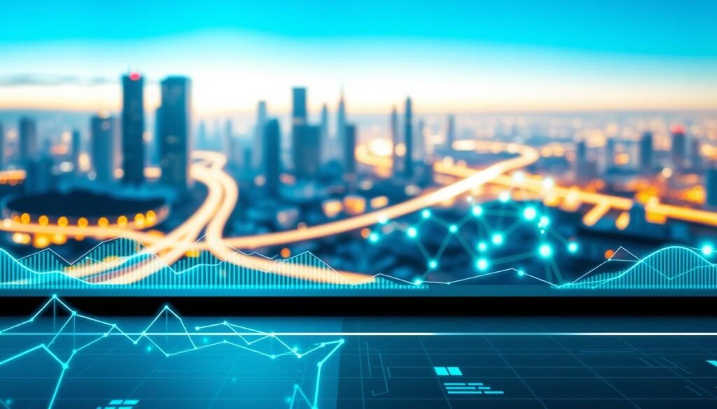 A futuristic digital landscape showcasing the concept of transaction fees and speed in the Polygon Matic Network. In the foreground, visualize dynamic graphs and charts illustrating transaction speed, with vibrant colors like blue and green representing efficiency. The middle ground features a sleek, stylized blockchain structure, interconnected with glowing nodes symbolizing speed and low-cost transactions. The background presents a soft-focus cityscape with light trails representing fast movement, creating an atmosphere of innovation and technology. Utilize bright, clean lighting to emphasize clarity and efficiency, with a slight depth of field to draw focus on the middle ground structures. The overall mood is energetic and optimistic, symbolizing rapid performance and cost-effectiveness in a cutting-edge financial environment.