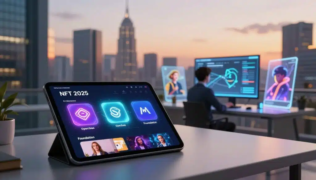 A futuristic digital landscape showcasing the leading NFT marketplaces of 2025. In the foreground, a sleek tablet displaying vibrant, animated graphics of top NFT platforms, such as OpenSea, Rarible, and Foundation, spotlighted with glowing effects. The middle ground features a stylish workspace with a professional in business attire analyzing data on a holographic screen, surrounded by NFT art pieces emerging from transparent displays. The background reveals a modern city skyline at sunset, casting warm light that reflects off glass buildings, enhancing the tech-savvy mood. The atmosphere is dynamic and innovative, capturing the essence of the rapidly evolving digital art and collectibles market. Soft focus and depth of field create an immersive view, emphasizing the futuristic theme.