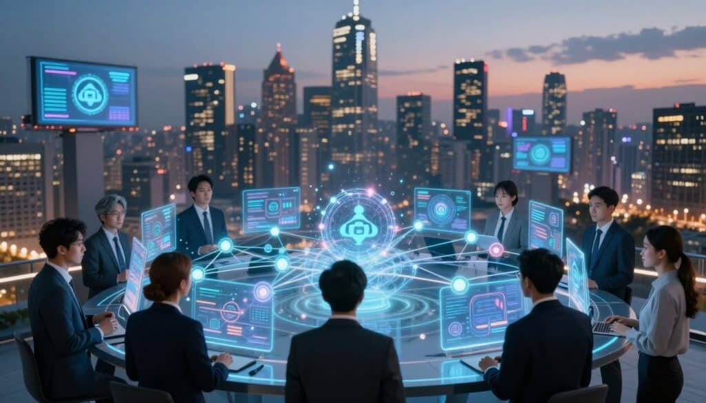 A futuristic digital landscape symbolizing blockchain interoperability in a multi-chain world. In the foreground, a professional, diverse group of individuals in business attire is engaged in dynamic discussions around holographic displays of interconnected blockchain networks. The middle layer features intricate, glowing lines representing various blockchains merging and communicating, with nodes pulsing rhythmically. The background showcases a vibrant city skyline illuminated at dusk, with digital billboards displaying blockchain graphics. Soft, ambient lighting enhances the technological feel, while a shallow depth of field focuses on the foreground activities. The atmosphere conveys innovation, collaboration, and a sense of limitless potential in technology. A futuristic digital landscape symbolizing blockchain interoperability in a multi-chain world. In the foreground, a professional, diverse group of individuals in business attire is engaged in dynamic discussions around holographic displays of interconnected blockchain networks. The middle layer features intricate, glowing lines representing various blockchains merging and communicating, with nodes pulsing rhythmically. The background showcases a vibrant city skyline illuminated at dusk, with digital billboards displaying blockchain graphics. Soft, ambient lighting enhances the technological feel, while a shallow depth of field focuses on the foreground activities. The atmosphere conveys innovation, collaboration, and a sense of limitless potential in technology.