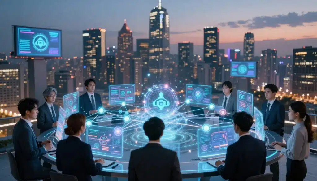 A futuristic digital landscape symbolizing blockchain interoperability in a multi-chain world. In the foreground, a professional, diverse group of individuals in business attire is engaged in dynamic discussions around holographic displays of interconnected blockchain networks. The middle layer features intricate, glowing lines representing various blockchains merging and communicating, with nodes pulsing rhythmically. The background showcases a vibrant city skyline illuminated at dusk, with digital billboards displaying blockchain graphics. Soft, ambient lighting enhances the technological feel, while a shallow depth of field focuses on the foreground activities. The atmosphere conveys innovation, collaboration, and a sense of limitless potential in technology.