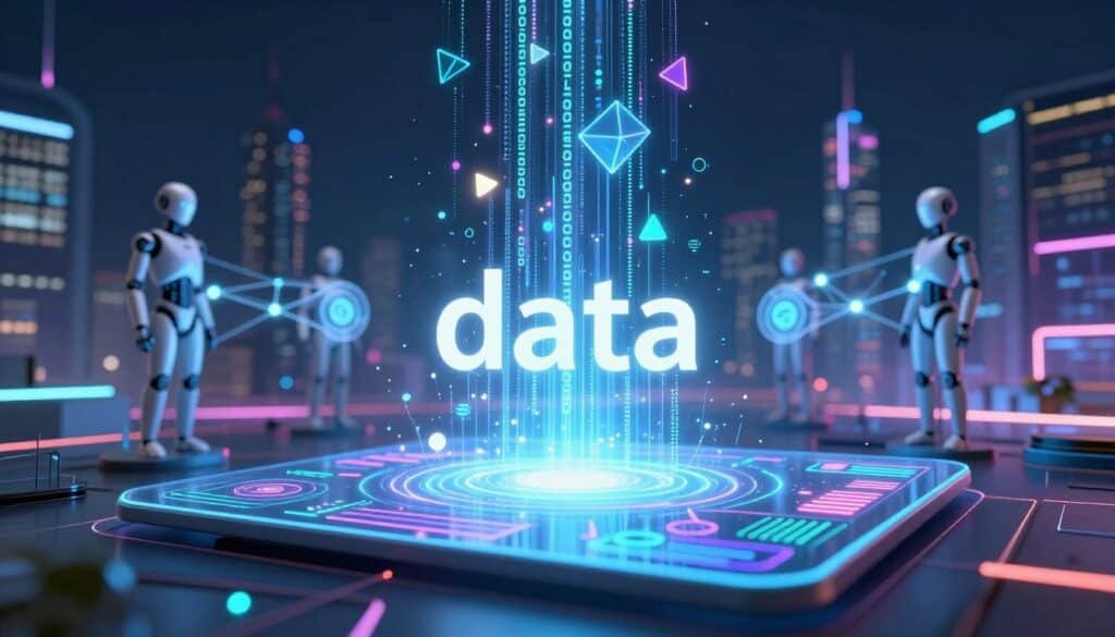A futuristic digital landscape, with a central focus on an abstract representation of “data” as flowing streams of binary code and glowing geometric shapes. In the foreground, a sleek, semi-transparent holographic screen displays visual analytics and AI algorithms in vibrant colors. The middle ground features stylized AI agents depicted as streamlined, robotic figures, interconnected by luminous lines symbolizing communication and blockchain technology, all set against a backdrop of an ethereal city skyline illuminated by neon lights. Use dramatic, soft focus lighting that emphasizes tech elegance, and a low-angle shot creating a sense of depth. The overall mood is innovative and dynamic, capturing the essence of AI and cryptocurrency advancements in a cohesive, inspiring manner. A futuristic digital landscape, with a central focus on an abstract representation of “data” as flowing streams of binary code and glowing geometric shapes. In the foreground, a sleek, semi-transparent holographic screen displays visual analytics and AI algorithms in vibrant colors. The middle ground features stylized AI agents depicted as streamlined, robotic figures, interconnected by luminous lines symbolizing communication and blockchain technology, all set against a backdrop of an ethereal city skyline illuminated by neon lights. Use dramatic, soft focus lighting that emphasizes tech elegance, and a low-angle shot creating a sense of depth. The overall mood is innovative and dynamic, capturing the essence of AI and cryptocurrency advancements in a cohesive, inspiring manner.