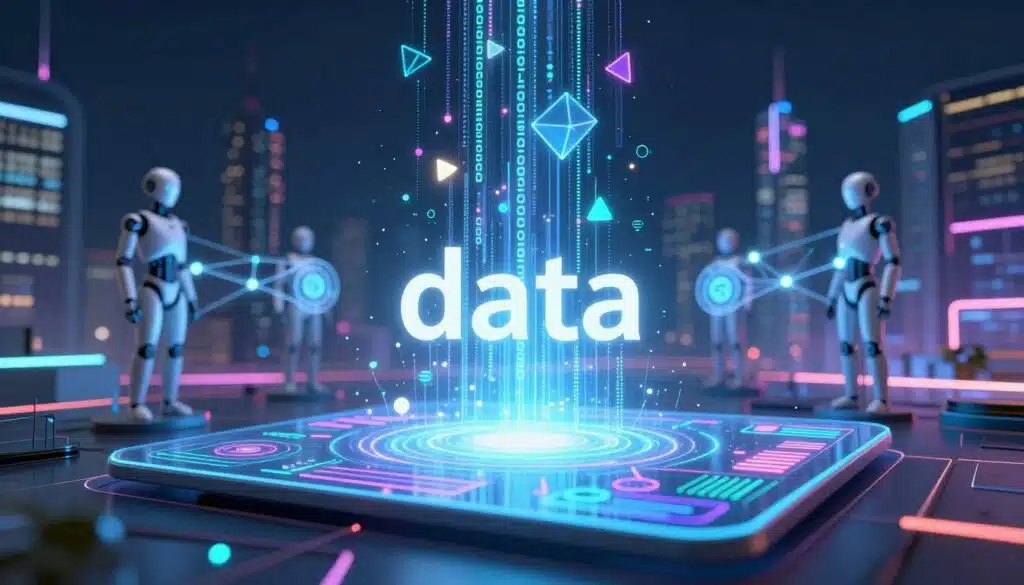 A futuristic digital landscape, with a central focus on an abstract representation of “data” as flowing streams of binary code and glowing geometric shapes. In the foreground, a sleek, semi-transparent holographic screen displays visual analytics and AI algorithms in vibrant colors. The middle ground features stylized AI agents depicted as streamlined, robotic figures, interconnected by luminous lines symbolizing communication and blockchain technology, all set against a backdrop of an ethereal city skyline illuminated by neon lights. Use dramatic, soft focus lighting that emphasizes tech elegance, and a low-angle shot creating a sense of depth. The overall mood is innovative and dynamic, capturing the essence of AI and cryptocurrency advancements in a cohesive, inspiring manner.
