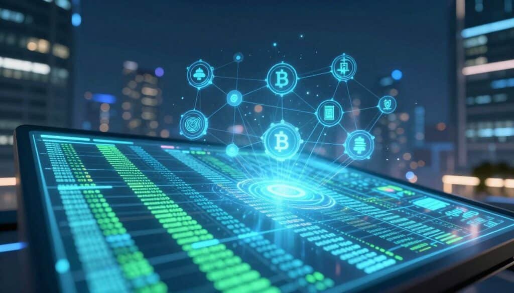 A futuristic digital ledger displayed prominently in the foreground, featuring vibrant, glowing lines of data and transactions flowing across a transparent interface. In the middle ground, a network of interconnected nodes symbolizes blockchain technology, showcasing various cryptographic elements. The background features a sleek, modern cityscape illuminated by neon lights, conveying a sense of innovation and technology. The image is lit with a cool blue and green color palette, creating a high-tech, digital atmosphere. Capture the scene from a low angle, emphasizing the depth and layers of information, while maintaining a professional and clean aesthetic without any text or distractions. A futuristic digital ledger displayed prominently in the foreground, featuring vibrant, glowing lines of data and transactions flowing across a transparent interface. In the middle ground, a network of interconnected nodes symbolizes blockchain technology, showcasing various cryptographic elements. The background features a sleek, modern cityscape illuminated by neon lights, conveying a sense of innovation and technology. The image is lit with a cool blue and green color palette, creating a high-tech, digital atmosphere. Capture the scene from a low angle, emphasizing the depth and layers of information, while maintaining a professional and clean aesthetic without any text or distractions.