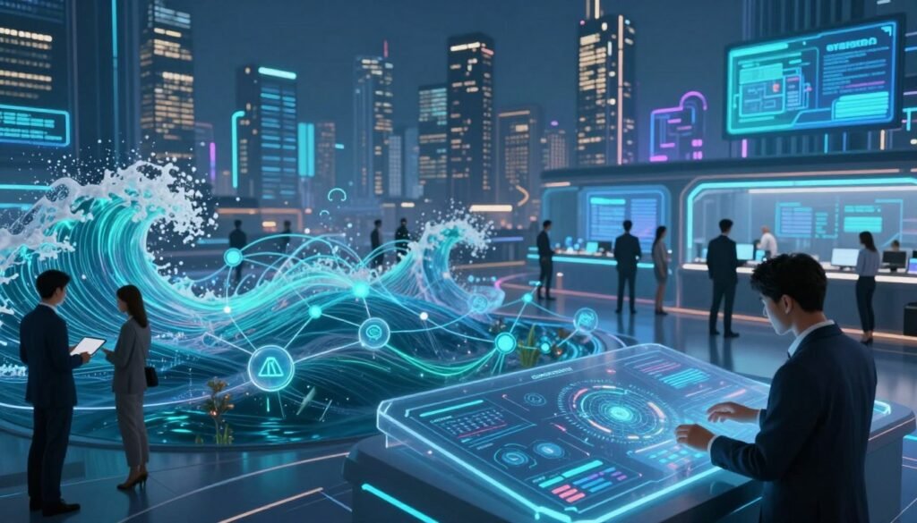 A futuristic digital marketplace representing Ocean Protocol, filled with vibrant data streams and interconnected nodes symbolizing data sharing. In the foreground, a sleek, transparent touchscreen interface displays real-time data analytics and models in an interactive format, with professional individuals in business attire engaging with the tech. The middle ground features holographic representations of ocean waves intertwining with data flows, whereas the background showcases a high-tech city skyline, illuminated with neon lights and digital billboards promoting data ethics. The scene is bathed in cool blues and greens, suggestive of an innovative atmosphere, with soft, dynamic lighting to enhance the futuristic vibe. The angle captures the bustling activity of the data marketplace, emphasizing collaboration and innovation in AI technology.