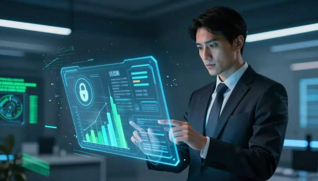 A futuristic digital wallet interface prominently displayed in the foreground, featuring holographic security icons and predictive analytics graphs. In the middle, a professional user in business attire engages with the interface, examining transaction alerts and simulations with a look of concentration. The background showcases a high-tech, sleek environment with neon blue and green lighting, symbolizing advanced technology and cybersecurity. Flashes of data streams and abstract representations of cryptographic algorithms can be seen, enhancing the sense of motion and innovation. The mood is serious yet optimistic, reflecting the importance of transaction safety in the digital currency space. The image should evoke feelings of trust and security in financial technology.