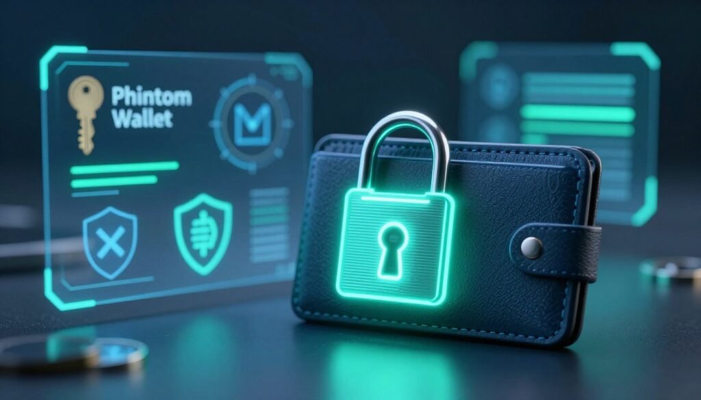 A futuristic digital wallet representing Phantom Wallet security, with a glowing, encrypted lock in the foreground symbolizing self-custodial design. The background features abstract representations of private keys and secure transaction graphics, all illuminated by soft blue and green ambient lighting, creating a secure and trustworthy atmosphere. In the middle ground, subtle holographic elements display cryptographic symbols and digital shield icons, emphasizing added security in the crypto space. The scene is captured with a shallow depth of field from a slightly elevated angle, enhancing the focus on the wallet's security features. Overall, the atmosphere conveys a sense of safety and cutting-edge technology, ideal for illustrating the importance of security in cryptocurrency management. A futuristic digital wallet representing Phantom Wallet security, with a glowing, encrypted lock in the foreground symbolizing self-custodial design. The background features abstract representations of private keys and secure transaction graphics, all illuminated by soft blue and green ambient lighting, creating a secure and trustworthy atmosphere. In the middle ground, subtle holographic elements display cryptographic symbols and digital shield icons, emphasizing added security in the crypto space. The scene is captured with a shallow depth of field from a slightly elevated angle, enhancing the focus on the wallet's security features. Overall, the atmosphere conveys a sense of safety and cutting-edge technology, ideal for illustrating the importance of security in cryptocurrency management.