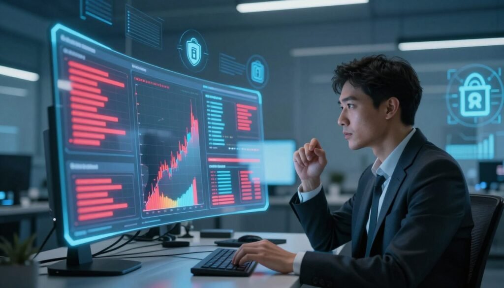 A futuristic digital workspace focused on fraud detection in decentralized finance. In the foreground, a professional business analyst, dressed in smart attire, is examining data streams projected on a transparent screen, their expression one of concentration and insight. In the middle ground, vibrant graphs and charts of transaction patterns float, some being flagged in red to indicate anomalies. The background displays a sleek, high-tech environment with holographic interfaces depicting blockchain symbols and data security icons under soft blue lighting. The overall mood is focused and cutting-edge, conveying a sense of urgency and innovation in AI-driven security for financial transactions. Use a wide-angle lens for a dynamic perspective that captures the complexity and sophistication of modern finance technology. A futuristic digital workspace focused on fraud detection in decentralized finance. In the foreground, a professional business analyst, dressed in smart attire, is examining data streams projected on a transparent screen, their expression one of concentration and insight. In the middle ground, vibrant graphs and charts of transaction patterns float, some being flagged in red to indicate anomalies. The background displays a sleek, high-tech environment with holographic interfaces depicting blockchain symbols and data security icons under soft blue lighting. The overall mood is focused and cutting-edge, conveying a sense of urgency and innovation in AI-driven security for financial transactions. Use a wide-angle lens for a dynamic perspective that captures the complexity and sophistication of modern finance technology.