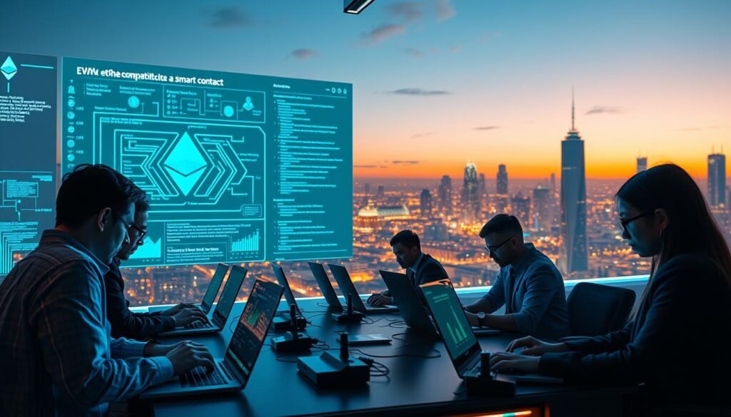 A futuristic digital workspace showcasing EVM compatibility in Ethereum development. In the foreground, a diverse group of developers, dressed in professional business attire, are deeply engaged in coding on high-tech laptops, illuminated by soft blue and green LEDs. The middle ground features a large digital screen displaying complex Ethereum architecture diagrams, smart contract code, and blockchain graphs. In the background, an expansive virtual cityscape symbolizes the interconnectedness of various Ethereum projects, with bright neon lights against a twilight sky. The atmosphere is one of innovation and collaboration, with warm ambient lighting that evokes a sense of productivity and progress in the world of fast transactions and developer experience. A futuristic digital workspace showcasing EVM compatibility in Ethereum development. In the foreground, a diverse group of developers, dressed in professional business attire, are deeply engaged in coding on high-tech laptops, illuminated by soft blue and green LEDs. The middle ground features a large digital screen displaying complex Ethereum architecture diagrams, smart contract code, and blockchain graphs. In the background, an expansive virtual cityscape symbolizes the interconnectedness of various Ethereum projects, with bright neon lights against a twilight sky. The atmosphere is one of innovation and collaboration, with warm ambient lighting that evokes a sense of productivity and progress in the world of fast transactions and developer experience.