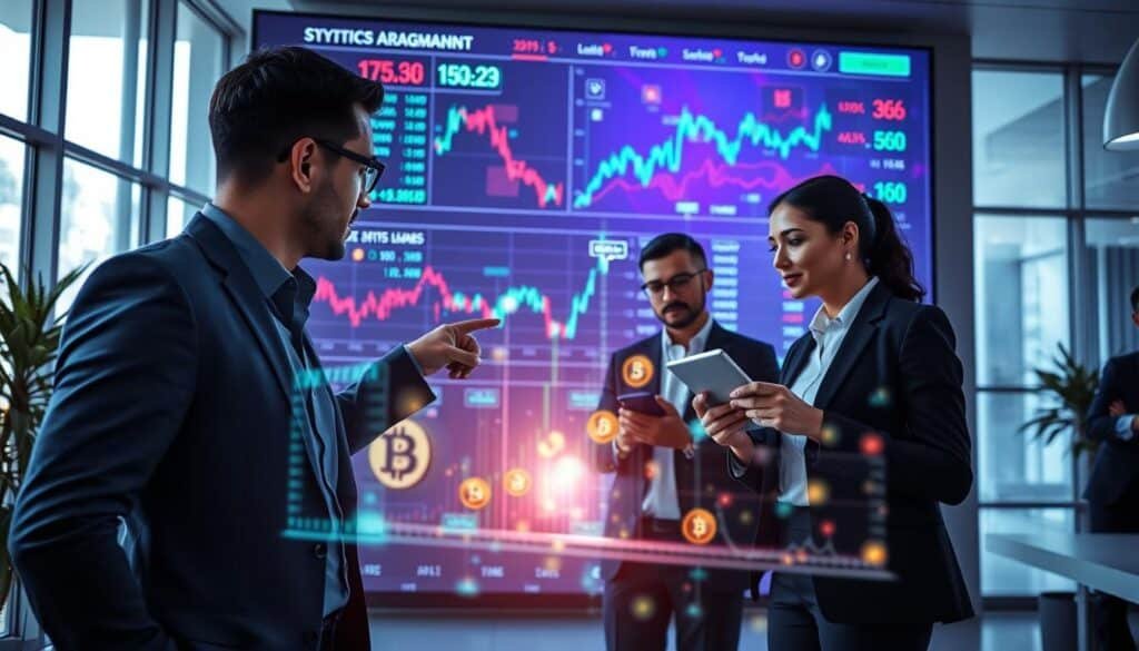 A futuristic digital workspace, showcasing a large screen displaying dynamic cryptocurrency price charts and analytics in vibrant colors. In the foreground, a diverse group of three professionals in smart business attire, intently analyzing the data; two are pointing at the screen while the third takes notes on a tablet. In the middle, holographic projections of fluctuating price lines and currency symbols create an engaging visual effect. The background features a sleek, modern office with large windows, letting in soft, natural light that highlights the high-tech ambiance. The atmosphere is focused and collaborative, reflecting a deep engagement in predicting market trends and making informed monetary decisions. The camera angle is slightly elevated to capture the group’s interaction with the digital data.