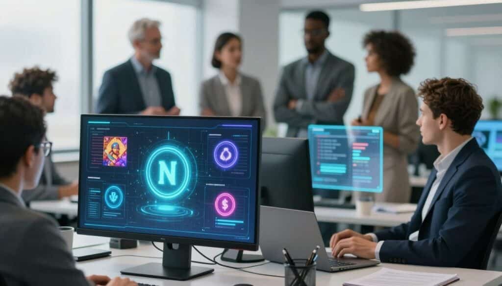 A futuristic digital workspace showcasing the concept of minting tokens on the blockchain. In the foreground, a sleek, high-tech computer screen displays colorful, animated graphics of NFTs being created, including shimmering digital art pieces and token symbols. The middle ground features a diverse group of professionals in business attire, engaged in a focused discussion about blockchain technology, with holographic interfaces displaying blockchain ledgers hovering around them. The background should depict a modern office environment with large windows allowing soft, natural light to filter in, creating a bright and innovative atmosphere. The mood is dynamic, with an emphasis on collaboration and creativity in the tech space. Use a shallow depth of field to emphasize the screen and the group while softly blurring the background elements for a polished look.