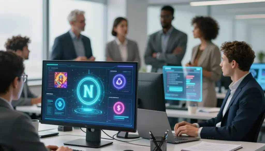 A futuristic digital workspace showcasing the concept of minting tokens on the blockchain. In the foreground, a sleek, high-tech computer screen displays colorful, animated graphics of NFTs being created, including shimmering digital art pieces and token symbols. The middle ground features a diverse group of professionals in business attire, engaged in a focused discussion about blockchain technology, with holographic interfaces displaying blockchain ledgers hovering around them. The background should depict a modern office environment with large windows allowing soft, natural light to filter in, creating a bright and innovative atmosphere. The mood is dynamic, with an emphasis on collaboration and creativity in the tech space. Use a shallow depth of field to emphasize the screen and the group while softly blurring the background elements for a polished look.
