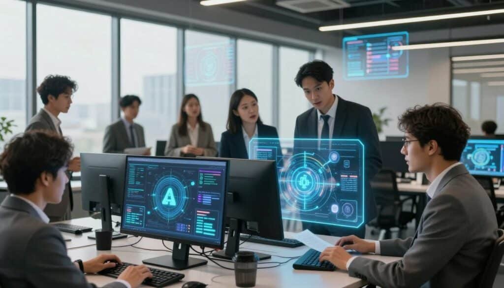 A futuristic, high-tech office space showcasing the concept of verifiable off-chain machine learning. In the foreground, an advanced computer setup displays intricate data visualizations and blockchain elements, symbolizing machine learning processes. The middle ground features diverse professionals in business attire, collaborating around a digital interface showing proof mechanisms, with engaging expressions of curiosity and focus. The background includes floor-to-ceiling windows, allowing natural light to flood in, coupled with holographic displays floating in the air, conveying a sense of innovation. Warm lighting adds an optimistic and creative atmosphere, hinting at the integration of AI and blockchain technologies in a seamless environment. The angle captures both the humans and technology working in harmony, inspiring future advancements.