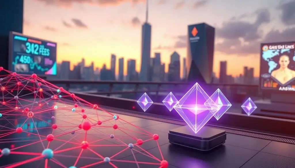 A futuristic, high-tech scene illustrating gas optimization in blockchain technology, featuring a digital representation of a zkEVM. In the foreground, a 3D rendering of a complex Ethereum blockchain diagram, showcasing gas fees in vivid colors, interspersed with visual markers indicating optimization. In the middle ground, holographic ZK proofs visualized as clear, glowing geometric shapes, radiating light, symbolizing efficiency and transparency. The background consists of a sleek, modern city skyline at twilight, with digital billboards showcasing blockchain data analytics. The lighting is bright and dynamic, highlighting the innovation in gas optimization with a mood of optimism and cutting-edge technology. Use a wide angle to capture the expansive interplay of technology and finance.