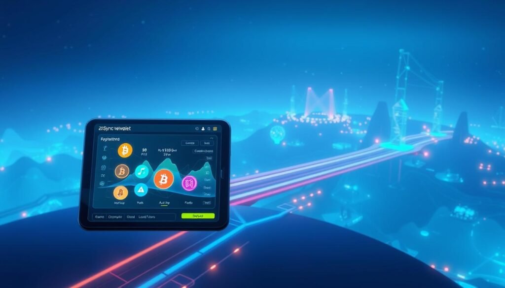 A futuristic illustration of a zkSync bridge wallet interface prominently displayed in the foreground, showcasing vibrant, digital assets symbolizing cryptocurrencies. The middle ground features a sleek, stylized representation of the zkSync network with ethereal bridges connecting various digital landscapes. In the background, abstract blockchain elements and glowing nodes expand into a cybernetic skyline. Soft, ambient lighting casts a serene atmosphere, with a focus on blue and green tones reminiscent of technology. An overhead angle captures the viewer's perspective, emphasizing the innovation behind asset bridging and transactions. The overall mood is one of excitement and advancement in the realm of blockchain technology. A futuristic illustration of a zkSync bridge wallet interface prominently displayed in the foreground, showcasing vibrant, digital assets symbolizing cryptocurrencies. The middle ground features a sleek, stylized representation of the zkSync network with ethereal bridges connecting various digital landscapes. In the background, abstract blockchain elements and glowing nodes expand into a cybernetic skyline. Soft, ambient lighting casts a serene atmosphere, with a focus on blue and green tones reminiscent of technology. An overhead angle captures the viewer's perspective, emphasizing the innovation behind asset bridging and transactions. The overall mood is one of excitement and advancement in the realm of blockchain technology.