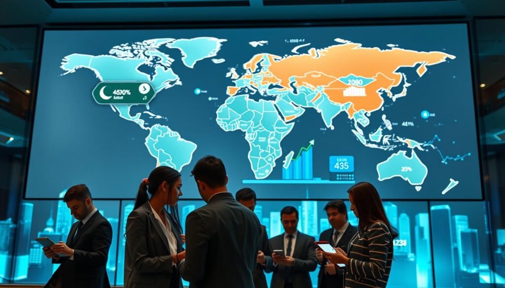 A futuristic office environment featuring a large digital world map displayed on a sleek screen, showcasing various countries engaged in Central Bank Digital Currency (CBDC) projects. In the foreground, a diverse group of business professionals in smart business attire discuss over digital tablets, highlighting collaboration. The middle layer contains interactive holograms of currencies and graphs, representing growth and innovation in digital finance. The background features city skyline silhouettes illuminated by soft blue and green ambient lighting, evoking a sense of global advancement. Capture the atmosphere of innovation and unity in the financial world, with a focus on technological elegance, depth of field, and a slightly upward angle to emphasize the scale of the digital landscape.