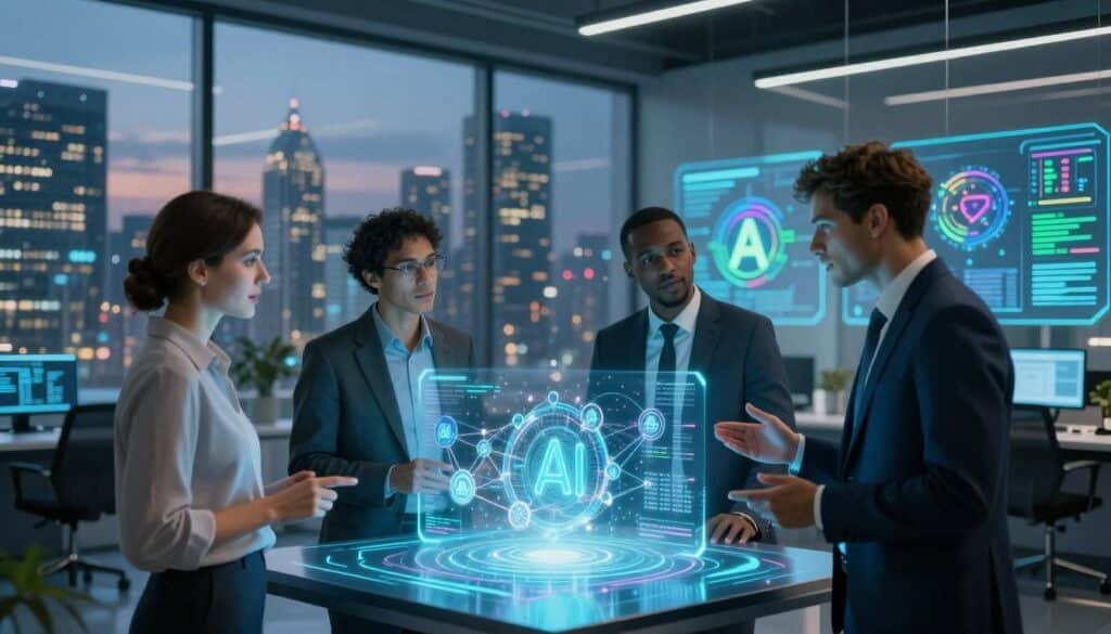 A futuristic office environment illustrating the synergy between artificial intelligence and blockchain technology. In the foreground, a diverse group of three professionals—two men and one woman—wearing stylish business attire, engaged in animated discussion around a holographic display showing blockchain chains and AI algorithms. In the middle ground, sleek digital interfaces and screens visualize complex data flows and AI patterns, with vibrant neon colors. The background features a city skyline at dusk, with tall buildings glowing with digital symbols. The lighting is dynamic, with soft blue and green hues emanating from the holographic display, creating a tech-savvy, innovative atmosphere. The overall mood exudes creativity and collaboration, symbolizing the intersection of AI and blockchain.