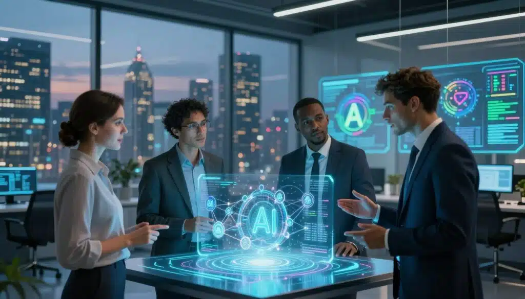 A futuristic office environment illustrating the synergy between artificial intelligence and blockchain technology. In the foreground, a diverse group of three professionals—two men and one woman—wearing stylish business attire, engaged in animated discussion around a holographic display showing blockchain chains and AI algorithms. In the middle ground, sleek digital interfaces and screens visualize complex data flows and AI patterns, with vibrant neon colors. The background features a city skyline at dusk, with tall buildings glowing with digital symbols. The lighting is dynamic, with soft blue and green hues emanating from the holographic display, creating a tech-savvy, innovative atmosphere. The overall mood exudes creativity and collaboration, symbolizing the intersection of AI and blockchain. A futuristic office environment illustrating the synergy between artificial intelligence and blockchain technology. In the foreground, a diverse group of three professionals—two men and one woman—wearing stylish business attire, engaged in animated discussion around a holographic display showing blockchain chains and AI algorithms. In the middle ground, sleek digital interfaces and screens visualize complex data flows and AI patterns, with vibrant neon colors. The background features a city skyline at dusk, with tall buildings glowing with digital symbols. The lighting is dynamic, with soft blue and green hues emanating from the holographic display, creating a tech-savvy, innovative atmosphere. The overall mood exudes creativity and collaboration, symbolizing the intersection of AI and blockchain.