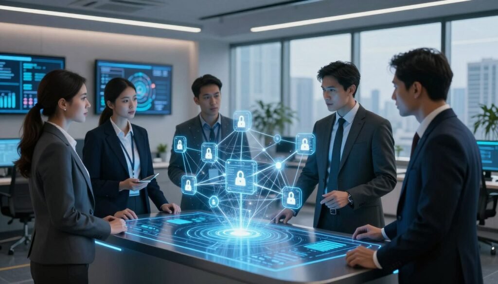 A futuristic office environment showcasing a private blockchain network. In the foreground, a diverse group of four professional individuals in business attire, including a woman in a sharp blazer, a man in a tailored suit, and two colleagues engaged in discussion, are gathered around a sleek digital console displaying interconnected blocks of data. In the middle, a holographic representation of a blockchain network is projected, illustrating secure, private transactions with glowing connections symbolizing data flow. The background features modern office decor with large screens showing security analytics and a city skyline visible through floor-to-ceiling windows. Soft, ambient lighting casts a professional yet innovative atmosphere, enhancing the sense of advanced technology and collaboration. Shot from a slightly elevated angle, highlighting the interaction between the individuals and the technology.