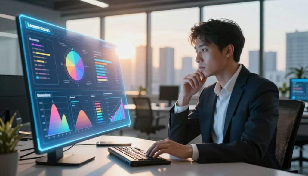 A futuristic office environment showcasing advanced machine learning models for decentralized finance risk assessment. In the foreground, a sleek, holographic display features interactive graphs and algorithms illustrating lending and borrowing scenarios, with vibrant colors highlighting risk metrics. The middle ground depicts a professional businessperson, dressed in smart office attire, analyzing the data with a thoughtful expression. In the background, large windows reveal a city skyline, bathed in warm sunlight that casts a soft glow over the scene, creating a sense of innovation and possibility. The atmosphere is dynamic yet focused, with a blend of technology and finance, representing the cutting-edge integration of AI in DeFi. A futuristic office environment showcasing advanced machine learning models for decentralized finance risk assessment. In the foreground, a sleek, holographic display features interactive graphs and algorithms illustrating lending and borrowing scenarios, with vibrant colors highlighting risk metrics. The middle ground depicts a professional businessperson, dressed in smart office attire, analyzing the data with a thoughtful expression. In the background, large windows reveal a city skyline, bathed in warm sunlight that casts a soft glow over the scene, creating a sense of innovation and possibility. The atmosphere is dynamic yet focused, with a blend of technology and finance, representing the cutting-edge integration of AI in DeFi.