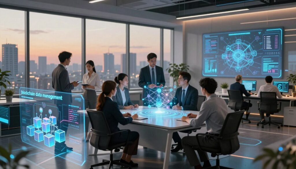 A futuristic office environment showcasing "blockchain data management" with vibrant holographic displays of interconnected blocks and data streams in the foreground. In the middle, a diverse group of professionals in business attire collaborate around a sleek, high-tech desk, analyzing 3D models of blockchain networks and AI analytics. The background features large windows with a panoramic view of a city skyline, illuminated by soft, ambient lighting that creates a warm atmosphere. Use a wide-angle lens perspective to give a sense of depth, emphasizing the harmony between technology and teamwork. The scene should convey innovation, collaboration, and the transformative impact of AI on blockchain technology.