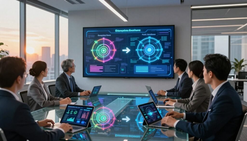 A futuristic office setting, focusing on a sleek, modern conference room where diverse professionals in business attire are collaborating over screens displaying complex blockchain networks. In the foreground, a clear glass table holds digital tablets showcasing graphs and charts that represent enterprise blockchain solutions. The middle layer features a large digital wall display illustrating the differences between enterprise and public blockchains, with bright, vibrant color contrasts to enhance understanding. In the background, large windows reveal a city skyline at sunset, casting warm, golden light into the room, creating a professional yet innovative atmosphere. The image is well-lit, using natural light combined with soft, ambient lighting to convey a sense of teamwork and forward-thinking technology.