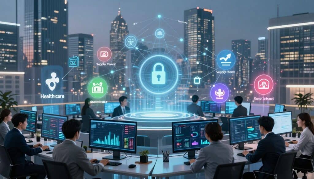 A futuristic office setting showcasing diverse industries leveraging blockchain technology. In the foreground, a group of professionals in business attire, analyzing digital screens filled with complex blockchain data and graphs. In the middle, various industry elements—healthcare, finance, supply chain, and entertainment—illustrated through vibrant icons and symbols that represent secure transactions, smart contracts, and decentralized networks. The background features a city skyline with tall glass buildings reflecting a digital network, enhancing the atmosphere of innovation and connectivity. Soft, ambient lighting creates a modern and optimistic mood, while a wide-angle perspective adds depth to the scene, inviting viewers to explore the transformative power of blockchain across sectors.