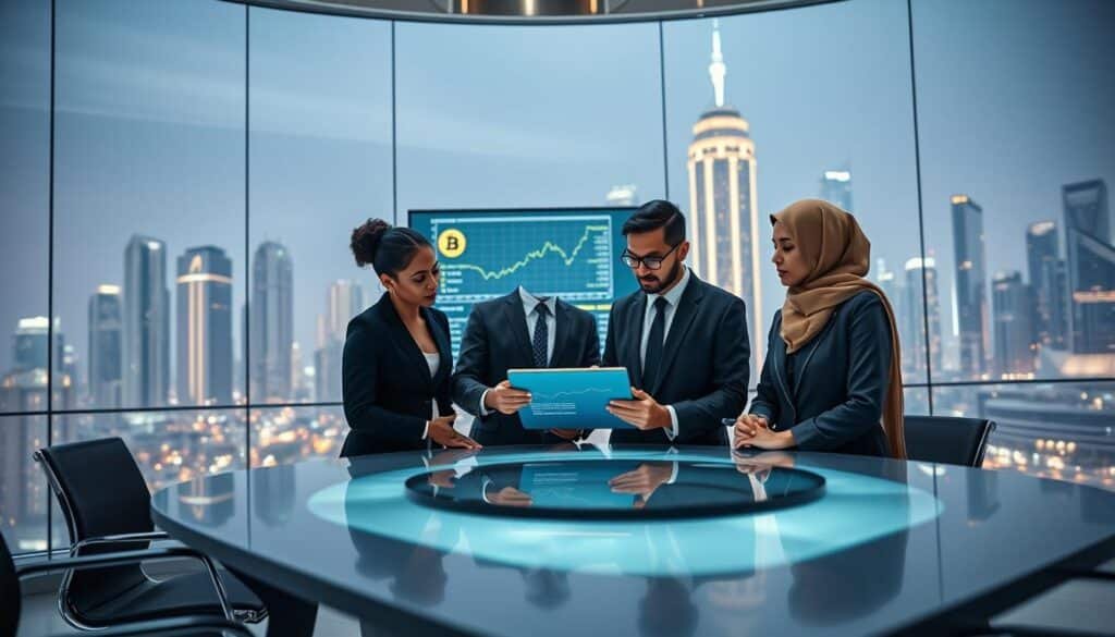 A futuristic office setting where professionals in smart business attire are engaged in discussions about regulated cryptocurrency payments. In the foreground, a diverse group of three individuals—a Black woman, an Asian man, and a Middle-Eastern woman—are gathered around a sleek, high-tech table, analyzing data on a digital tablet. In the middle, large screens display graphs and regulations related to Bitcoin and blockchain technology. The background showcases a panoramic city view with tall buildings illuminated by soft, ambient lighting, creating a serene yet dynamic atmosphere. The scene is captured with a wide-angle lens for depth, highlighting the focus on collaboration and innovation in the regulatory landscape of cryptocurrency. The overall mood conveys professionalism and optimism about the future of digital finance.