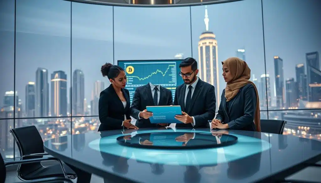 A futuristic office setting where professionals in smart business attire are engaged in discussions about regulated cryptocurrency payments. In the foreground, a diverse group of three individuals—a Black woman, an Asian man, and a Middle-Eastern woman—are gathered around a sleek, high-tech table, analyzing data on a digital tablet. In the middle, large screens display graphs and regulations related to Bitcoin and blockchain technology. The background showcases a panoramic city view with tall buildings illuminated by soft, ambient lighting, creating a serene yet dynamic atmosphere. The scene is captured with a wide-angle lens for depth, highlighting the focus on collaboration and innovation in the regulatory landscape of cryptocurrency. The overall mood conveys professionalism and optimism about the future of digital finance. A futuristic office setting where professionals in smart business attire are engaged in discussions about regulated cryptocurrency payments. In the foreground, a diverse group of three individuals—a Black woman, an Asian man, and a Middle-Eastern woman—are gathered around a sleek, high-tech table, analyzing data on a digital tablet. In the middle, large screens display graphs and regulations related to Bitcoin and blockchain technology. The background showcases a panoramic city view with tall buildings illuminated by soft, ambient lighting, creating a serene yet dynamic atmosphere. The scene is captured with a wide-angle lens for depth, highlighting the focus on collaboration and innovation in the regulatory landscape of cryptocurrency. The overall mood conveys professionalism and optimism about the future of digital finance.