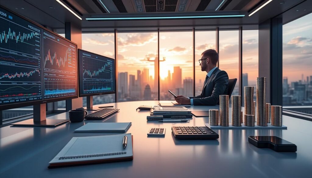 A futuristic office setting with a sleek modern desk in the foreground, where a professional in business attire studies graphs and charts on multiple high-resolution screens displaying cryptocurrency data. In the middle ground, various financial tools and resources are neatly arranged, including a notepad, a calculator, and columns of dynamic crypto coins hovering in the air, symbolizing market volatility. The background reveals a city skyline bathed in soft, warm light during sunset, reflecting the potential of digital finance. The mood is focused and analytical, with a sense of high-tech innovation. The image should have sharp details and vibrant colors, capturing the essence of fundamental analysis in cryptocurrency.