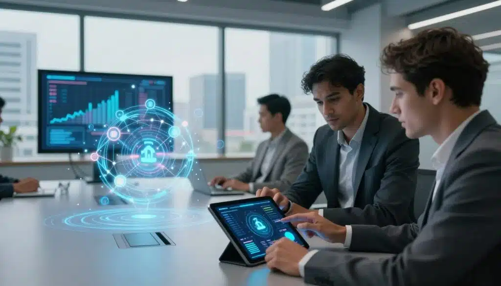 A futuristic office space showcasing blockchain development. In the foreground, a diverse group of three professionals, dressed in business attire, collaborate over a digital tablet displaying complex blockchain diagrams and data. In the middle, a sleek conference table with holographic visuals of blockchain networks and nodes interconnecting, symbolizing market growth and opportunity. The background features a large window with a cityscape view, bathed in soft, natural light filtering through. The atmosphere is dynamic and innovative, emphasizing collaboration and technological advancement. The composition should suggest a sense of urgency and potential as the digital screens pulse with activity, depicting a thriving environment for developers.