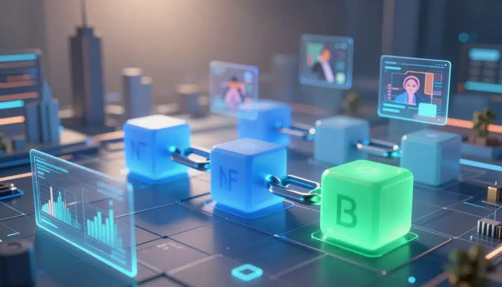 A futuristic representation of blockchain technology, focusing on a glowing chain of interconnected blocks in various shades of blue and green. In the foreground, a semi-transparent digital screen displays dynamic graphs and NFTs, highlighting the flow of royalties between artists and buyers. The middle ground features a stylized 3D grid representing a virtual marketplace, with subtle holographic images of digital artworks floating above. In the background, silhouettes of city skyscrapers hint at a thriving digital economy, with soft lighting creating an ethereal, high-tech atmosphere. The scene is illuminated by gentle beams of light, reflecting off the surfaces of the blocks, creating depth and a sense of movement. Emphasize a professional, innovative mood that inspires confidence in blockchain technology.