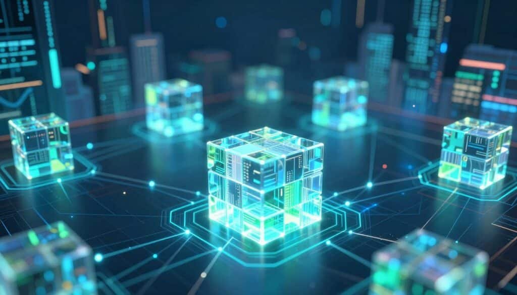 A futuristic representation of blockchain technology, showcasing a vibrant digital landscape filled with interconnected blocks and chains. In the foreground, a glowing 3D cube composed of transparent blocks symbolizes data transparency and security. The middle ground features a network of illuminated lines and nodes that connect the cubes, illustrating the concept of decentralization. The background presents a subtle, abstract city skyline made of data streams and digital elements, emphasizing innovation. The lighting is cool and ethereal, with neon blues and greens creating a tech-savvy atmosphere. Capture the image with a slightly elevated angle for depth, evoking a sense of progression and limitless possibilities in technology. A futuristic representation of blockchain technology, showcasing a vibrant digital landscape filled with interconnected blocks and chains. In the foreground, a glowing 3D cube composed of transparent blocks symbolizes data transparency and security. The middle ground features a network of illuminated lines and nodes that connect the cubes, illustrating the concept of decentralization. The background presents a subtle, abstract city skyline made of data streams and digital elements, emphasizing innovation. The lighting is cool and ethereal, with neon blues and greens creating a tech-savvy atmosphere. Capture the image with a slightly elevated angle for depth, evoking a sense of progression and limitless possibilities in technology.