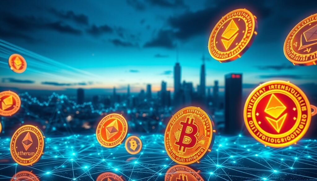 A futuristic representation of virtual currency, focusing on intricate, holographic coins and digital symbols that symbolize various cryptocurrencies. In the foreground, vibrant holographic coins are floating, emitting a soft glow, and displaying iconic cryptocurrency logos like Bitcoin and Ethereum. The middle layer features interconnected blockchain nodes, pulsating with light, illustrating a network of transactions. The background showcases a sleek skyline of a modern city with advanced technology, symbolizing progress and innovation, under a twilight sky filled with ethereal wisps of digital data flowing like clouds. The lighting is dramatic yet balanced, with a cool blue and green color palette to evoke a sense of trust and stability, suitable for discussions on legal frameworks and regulatory policies in the cryptocurrency sector.