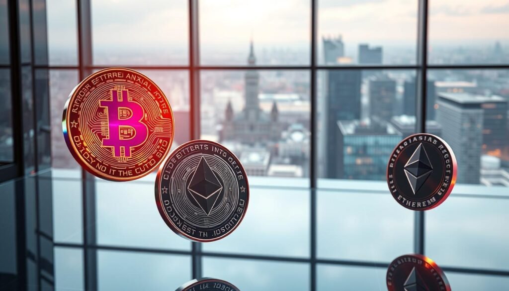 A futuristic representation of virtual currency, with a focus on sleek, digital coins symbolizing various cryptocurrencies, such as Bitcoin and Ethereum, floating in a polished, high-tech environment. In the foreground, vibrant coins glimmer with intricate designs and holographic effects, creating a sense of depth. The middle ground features a modern office setting, with a large, glass window overlooking a bustling cityscape, subtly hinting at regulatory frameworks and financial institutions in Europe. The background is slightly blurred, emphasizing the coins while showcasing a skyline dotted with futuristic architecture. Soft, ambient lighting casts gentle reflections, creating a professional yet energetic atmosphere that embodies the innovation and complexity of cryptocurrency regulation.