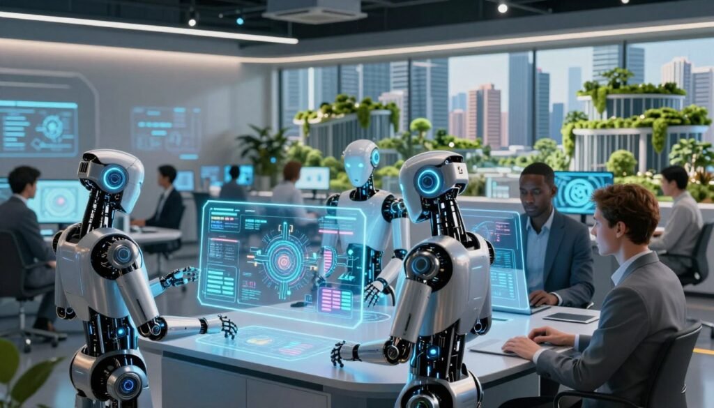 A futuristic scene depicting a diverse group of autonomous agents engaged in intelligent automation. In the foreground, robotic figures designed with sleek metallic surfaces and glowing accents collaborate with advanced AI software on holographic displays, showcasing data analysis and machine learning processes. The middle ground features a modern, high-tech office environment filled with transparent screens and digital interfaces, symbolizing innovation. In the background, a city skyline embodies a blend of nature and technology, with green spaces integrated into smart buildings. The atmosphere is dynamic and forward-looking, illuminated by a blend of soft ambient lighting and focused spotlights, creating a sense of purpose and collaboration. The composition captures a balanced perspective that emphasizes the synergy between technology and human ingenuity.