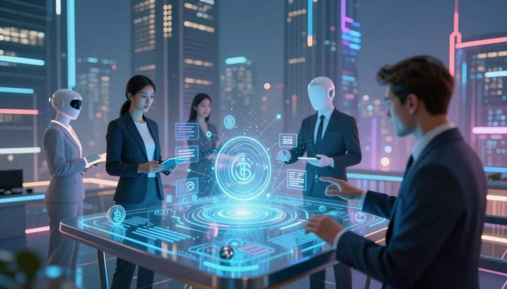 A futuristic scene depicting the concept of autonomous payments in a Web3 environment. In the foreground, a sleek, holographic interface displays digital currencies and smart contracts, with glowing nodes connecting various elements. In the middle ground, streamlined AI agents, represented as abstract figures in professional attire, interact with the interface, showcasing the seamless execution of transactions. The background features a high-tech cityscape with towering buildings made of glass and metal, illuminated by neon lights, symbolizing the advancement of decentralized finance. The atmosphere is vibrant and dynamic, emphasizing innovation and technology. The lighting is a mix of soft glows and sharp contrasts, creating a sense of depth. The image is captured from a slightly elevated angle, providing a wide perspective on this digital payment ecosystem. A futuristic scene depicting the concept of autonomous payments in a Web3 environment. In the foreground, a sleek, holographic interface displays digital currencies and smart contracts, with glowing nodes connecting various elements. In the middle ground, streamlined AI agents, represented as abstract figures in professional attire, interact with the interface, showcasing the seamless execution of transactions. The background features a high-tech cityscape with towering buildings made of glass and metal, illuminated by neon lights, symbolizing the advancement of decentralized finance. The atmosphere is vibrant and dynamic, emphasizing innovation and technology. The lighting is a mix of soft glows and sharp contrasts, creating a sense of depth. The image is captured from a slightly elevated angle, providing a wide perspective on this digital payment ecosystem.