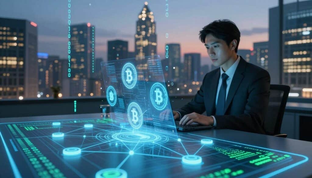 A futuristic scene illustrating digital transactions within a blockchain network. In the foreground, detailed close-up of a glowing digital ledger displaying interconnected nodes and blocks of data, shimmering in shades of blue and green. In the middle ground, stylized holographic representations of bitcoin and other cryptocurrencies float above a sleek, high-tech workstation manned by a professional in business attire, focused intently on the screen. The background features a city skyline at dusk with illuminated skyscrapers, symbolizing a digital metropolis, while streams of binary code flow gently through the air, hinting at the challenges faced in blockchain security. Soft, ambient lighting casts a modern, tech-savvy atmosphere, enhancing the sense of urgency and complexity in the digital landscape of 2025.