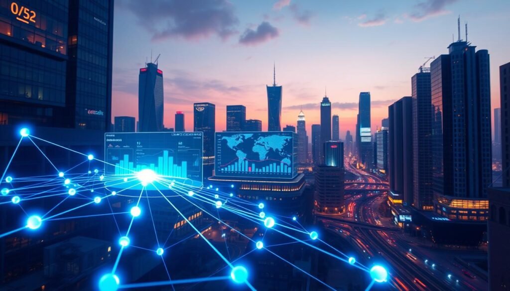 A futuristic urban landscape showcasing a vibrant Layer 2 blockchain solution concept. In the foreground, visualize interconnected glowing nodes representing various digital transactions, pulsating with light to symbolize speed and efficiency. The middle ground features a large digital interface displaying blockchain graphs, metrics, and smart contracts, designed with a sleek and modern aesthetic. In the background, a skyline of skyscrapers is illuminated in a twilight setting, emphasizing innovation and technology. Use a wide-angle lens to capture depth, with soft ambient lighting casting an ethereal glow on the scene. The overall mood is dynamic and optimistic, reflecting the advancements in blockchain technology, inspiring a sense of progress and digital evolution. A futuristic urban landscape showcasing a vibrant Layer 2 blockchain solution concept. In the foreground, visualize interconnected glowing nodes representing various digital transactions, pulsating with light to symbolize speed and efficiency. The middle ground features a large digital interface displaying blockchain graphs, metrics, and smart contracts, designed with a sleek and modern aesthetic. In the background, a skyline of skyscrapers is illuminated in a twilight setting, emphasizing innovation and technology. Use a wide-angle lens to capture depth, with soft ambient lighting casting an ethereal glow on the scene. The overall mood is dynamic and optimistic, reflecting the advancements in blockchain technology, inspiring a sense of progress and digital evolution.